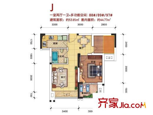 中庚城1期88、89、97號樓標準層J戶型 1室2廳1衛(wèi)1廚