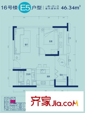 海爾海語江山戶型圖一期16號樓標(biāo)準(zhǔn)層E5戶型 1室1廳1衛(wèi)1廚