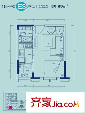 海爾海語江山戶型圖一期16號樓標(biāo)準(zhǔn)層E3戶型 1室1衛(wèi)1廚