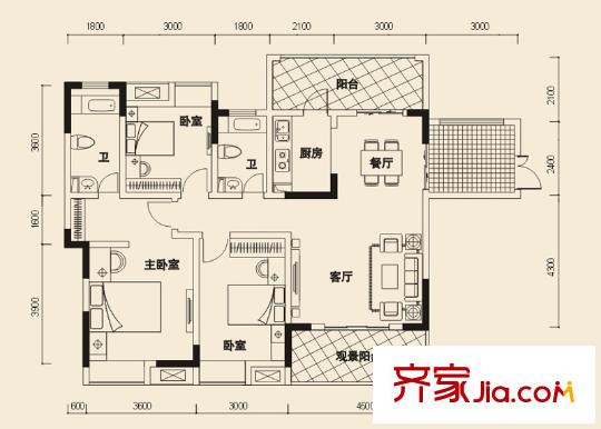 海爾海語江山戶型圖一期14、15號樓標(biāo)準(zhǔn)層D1戶型 3室2廳2衛(wèi)1廚