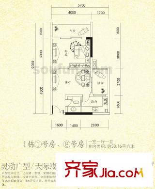 水務龍城天都戶型圖1棟1、8號房 1室1廳1衛(wèi)1廚
