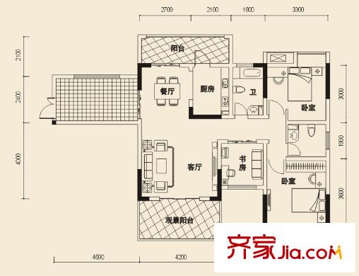 海爾海語江山戶型圖一期14、15號(hào)樓標(biāo)準(zhǔn)層D3戶型 3室2廳2衛(wèi)1廚