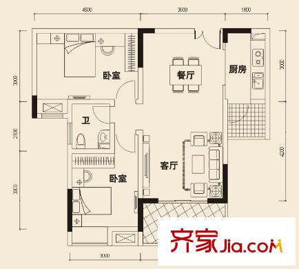 海爾海語江山戶型圖一期14、15號(hào)樓標(biāo)準(zhǔn)層D2戶型 2室2廳1衛(wèi)1廚
