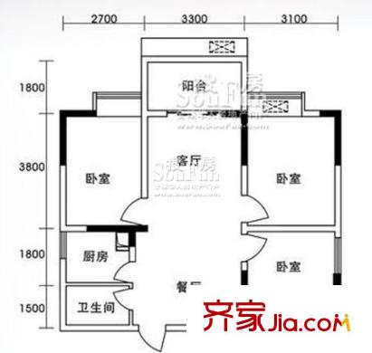金象左右SOLO公寓戶(hù)型圖A13 3室2廳2衛(wèi)1廚
