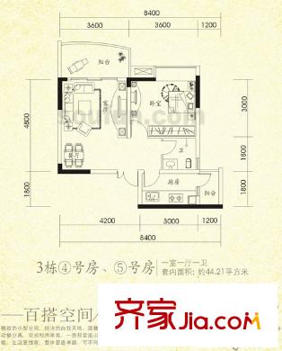 水務龍城天都戶型圖3棟4、5號房 1室1廳1衛(wèi)1廚