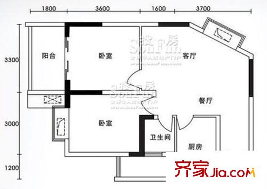 金象左右SOLO公寓戶(hù)型圖A15 2室2廳1衛(wèi)1廚