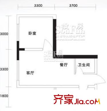 金象左右SOLO公寓戶(hù)型圖B3 1室2廳1衛(wèi)1廚