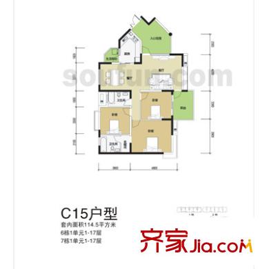 中興渝景苑戶型圖C15戶型 3室2廳2衛(wèi)1廚