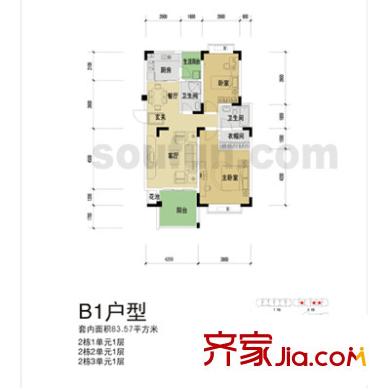 中興渝景苑戶型圖B1戶型 2室2廳2衛(wèi)1廚