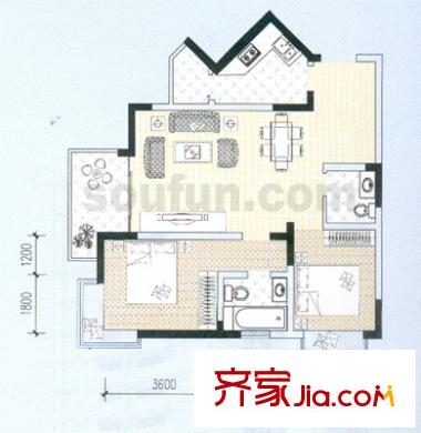 鴛鴦北湖郡戶型圖6號(hào) 2室2廳2衛(wèi)1廚
