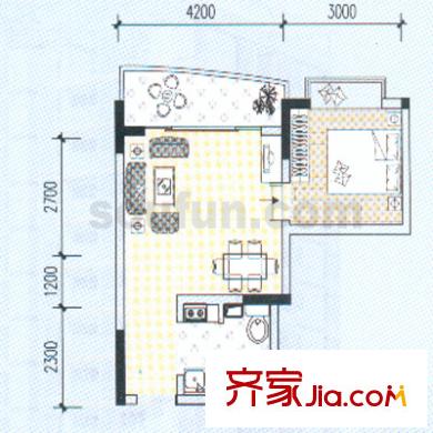 鴛鴦北湖郡戶型圖2A號(hào) 1室2廳1衛(wèi)1廚