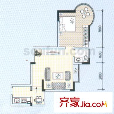 鴛鴦北湖郡戶型圖1A號(hào) 1室2廳1衛(wèi)1廚