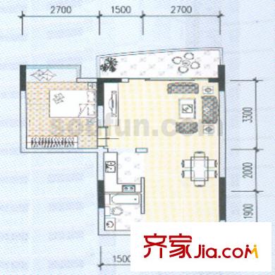 鴛鴦北湖郡戶型圖3號(hào) 1室2廳1衛(wèi)1廚