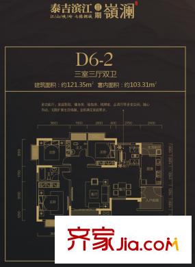 泰吉濱江戶型圖一期D6棟標(biāo)準(zhǔn)層2號(hào)房 3室2廳2衛(wèi)1廚
