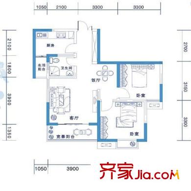 海宇嘉茵苑戶型圖14號(hào)樓B戶型 2室2廳1衛(wèi)1廚