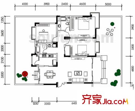 海宇嘉茵苑戶型圖D型花園 3室2廳2衛(wèi)1廚