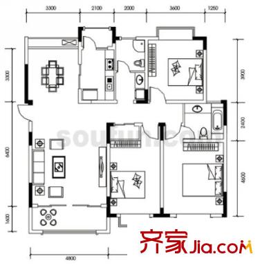 海宇嘉茵苑戶型圖D型 3室2廳2衛(wèi)1廚