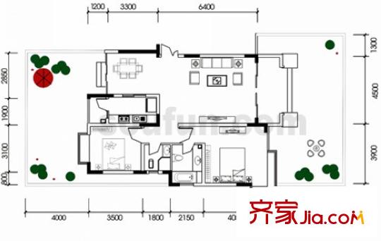 海宇嘉茵苑戶型圖B型花園 2室2廳2衛(wèi)1廚