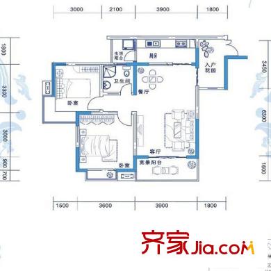 海宇嘉茵苑戶型圖14號(hào)樓C戶型 2室2廳1衛(wèi)1廚