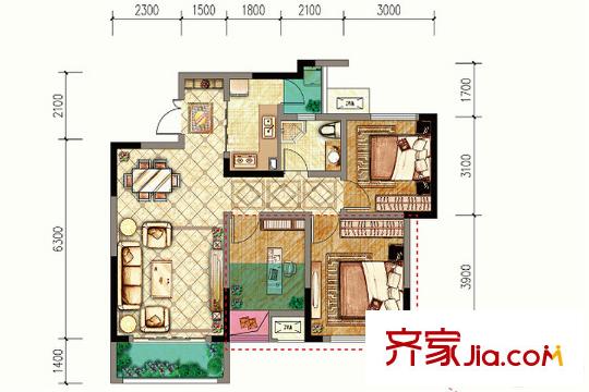 渝能嘉灣壹號(hào)一期洋房所有樓棟標(biāo)準(zhǔn)層B戶型 3室2廳1衛(wèi)1廚