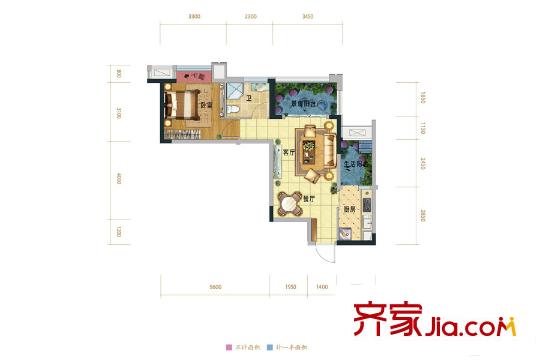 英利獅城花園 一期高層11/12號樓標準層B3戶型 1室2廳1衛(wèi)1廚