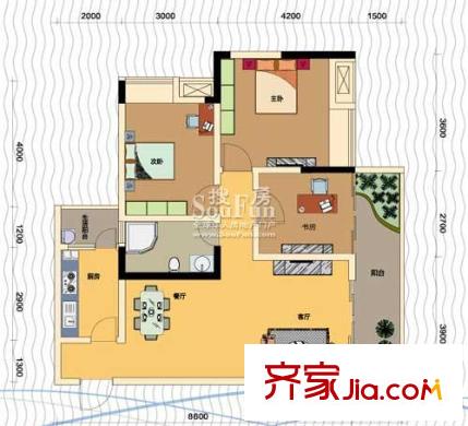 納帕溪谷戶型圖2棟5號(hào)房 3室2廳1衛(wèi)1廚