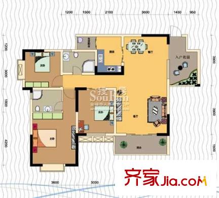 納帕溪谷戶型圖2棟1號(hào)房 3室2廳2衛(wèi)1廚