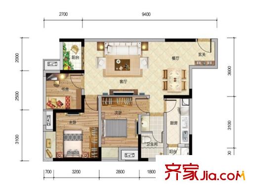 財(cái)信渝中城一期4號(hào)樓標(biāo)準(zhǔn)層B戶型 2室2廳1衛(wèi)1廚