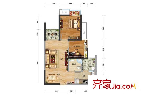 財(cái)信渝中城一期2號(hào)樓標(biāo)準(zhǔn)層B戶型 1室2廳1衛(wèi)1廚