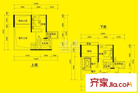 疊彩城愛琴莊園戶型圖2期1棟2.3.6.7號(hào)房 2室2廳2衛(wèi)1廚