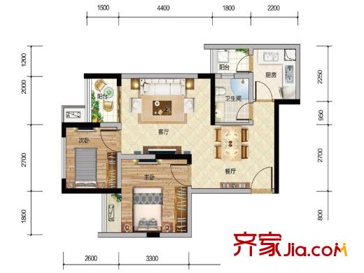 財(cái)信渝中城一期4號(hào)樓標(biāo)準(zhǔn)層A戶型 1室2廳1衛(wèi)1廚
