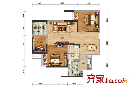 財(cái)信渝中城一期2號(hào)樓標(biāo)準(zhǔn)層C戶型 2室2廳1衛(wèi)1廚