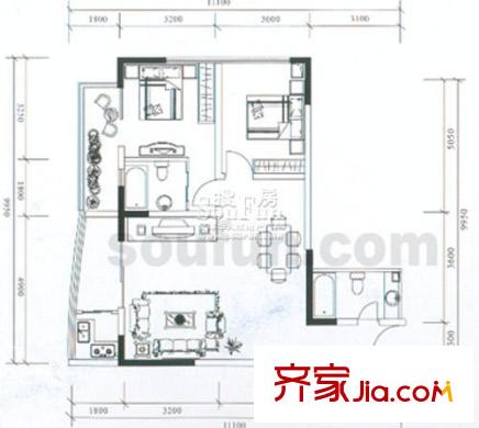 鉑藍(lán)地戶型圖G(1-2) 2室2廳2衛(wèi)1廚