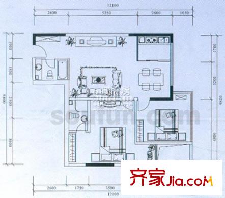 鉑藍地戶型圖E(12套) 2室2廳2衛(wèi)1廚