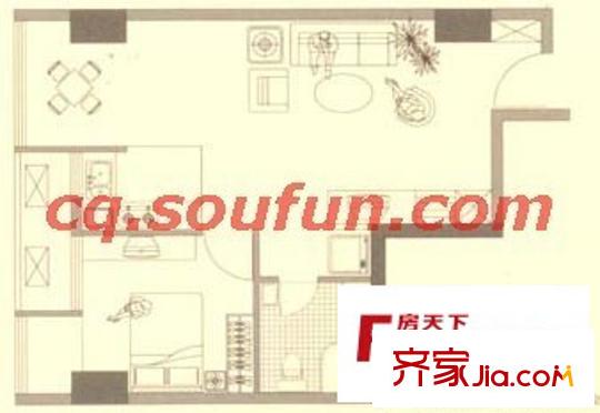 正升自由康都戶型圖C型 1室1廳1衛(wèi)1廚