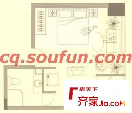 正升自由康都戶型圖H型 1室1衛(wèi)1廚