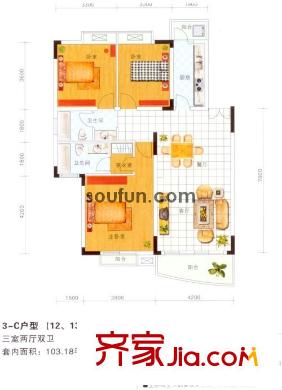 翠湖柳岸戶型圖3-C戶型 3室2廳2衛(wèi)1廚