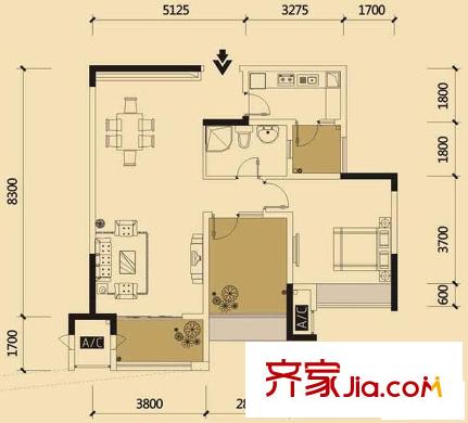 中海北濱華庭戶型圖一期65號(hào)樓標(biāo)準(zhǔn)層I戶型 1室2廳1衛(wèi)1廚