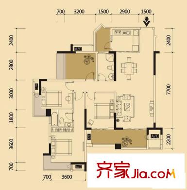 中海北濱華庭戶型圖一期65號樓標(biāo)準(zhǔn)層B戶型 3室2廳2衛(wèi)1廚
