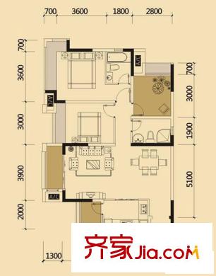 中海北濱華庭戶型圖一期65號(hào)樓標(biāo)準(zhǔn)層C戶型 2室2廳2衛(wèi)1廚