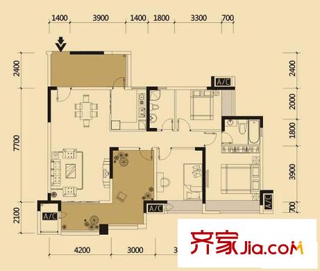 中海北濱華庭戶型圖一期65號樓標(biāo)準(zhǔn)層A戶型 3室2廳2衛(wèi)1廚