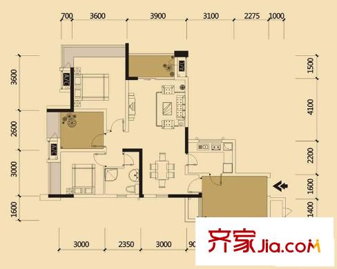中海北濱華庭戶型圖一期65號(hào)樓標(biāo)準(zhǔn)層H戶型 2室2廳1衛(wèi)1廚