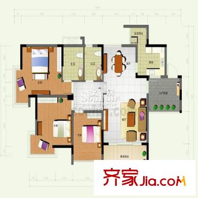 浩博天地戶型圖2-4,A1平面圖,3號房 3室2廳2衛(wèi)1廚