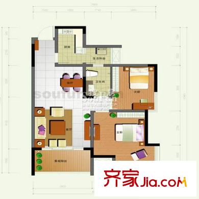 浩博天地戶(hù)型圖2-4,A2平面圖,1號(hào)房 2室2廳1衛(wèi)1廚