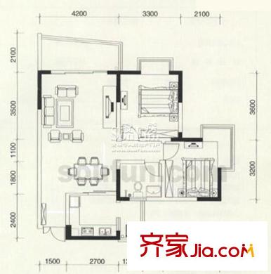 港城鳳鳴香山戶型圖5號樓鳳祥閣 2室2廳1衛(wèi)1廚