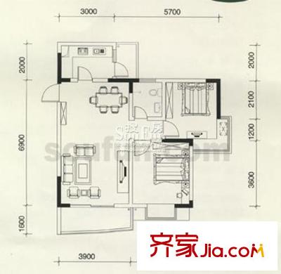 港城鳳鳴香山戶型圖1號樓 2室2廳1衛(wèi)1廚