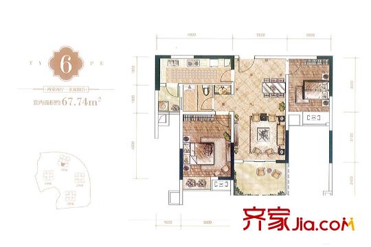 招商晶公館一期高層1/2號樓標(biāo)準(zhǔn)層6號房 2室2廳1衛(wèi)1廚