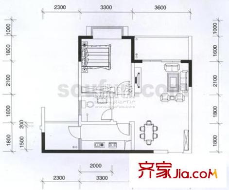 港城鳳鳴香山戶型圖1號樓 1室2廳1衛(wèi)1廚