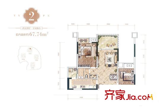 招商晶公館一期高層1/2號樓標(biāo)準(zhǔn)層2號房 2室2廳1衛(wèi)1廚