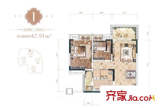 招商晶公館一期高層1/2號樓標(biāo)準(zhǔn)層1號房 2室2廳1衛(wèi)1廚